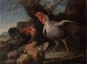 unknow artist Still life of a turkey,a bantan,a barn owl and a grey partridge in a rocky landscape oil painting on canvas